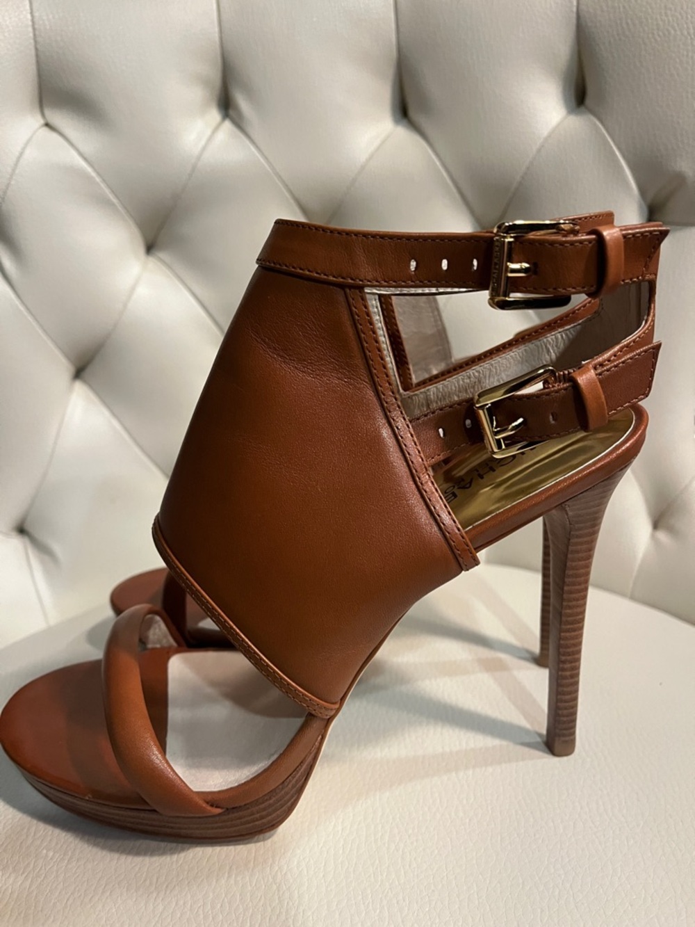 Michael Kors Cognac Leather High-Heel Sandals Size 8.5 - Picture 7 of 10